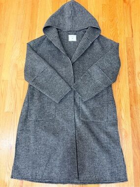 Hooded Longline Trench Coatigan - Gray Houndstooth